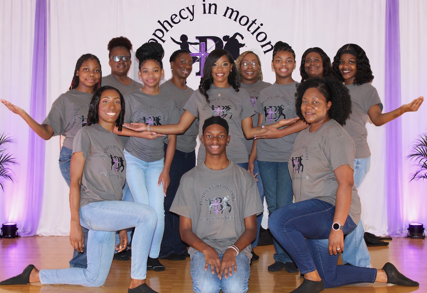 Prophecy in Motion ministry group in gray shirts